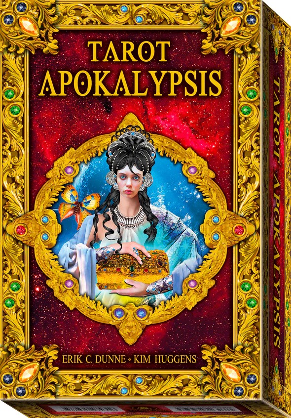 Tarot Apokalypsis book cover with ornate gold frame and central illustration of a woman with a tarot card.