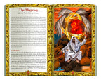 Open book with illustrated page of a magician and text on the left