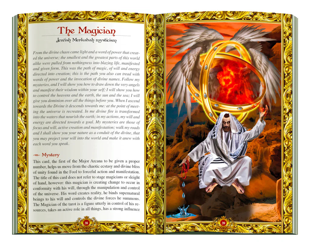 Open book with illustrated page of a magician and text on the left