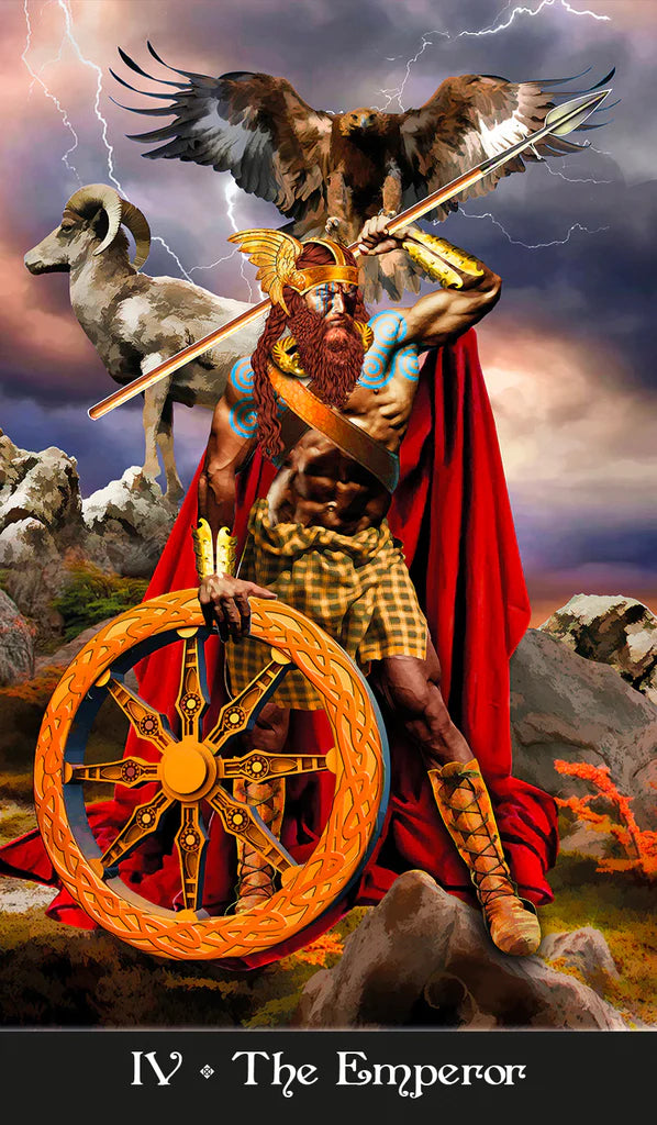 Card featuring a warrior with an eagle and a wheel, labeled 'The Emperor'.