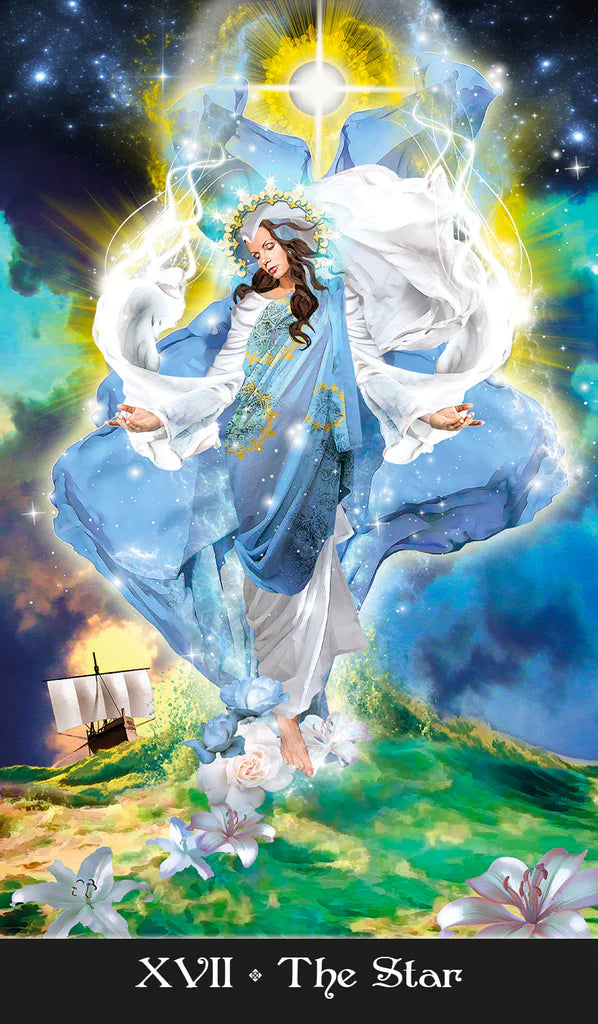 Artistic depiction of a celestial figure with a starry background, likely from a tarot card.