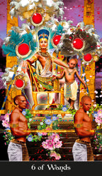 Decorative card with a figure on a throne, surrounded by flowers and text '6 of Wands'.