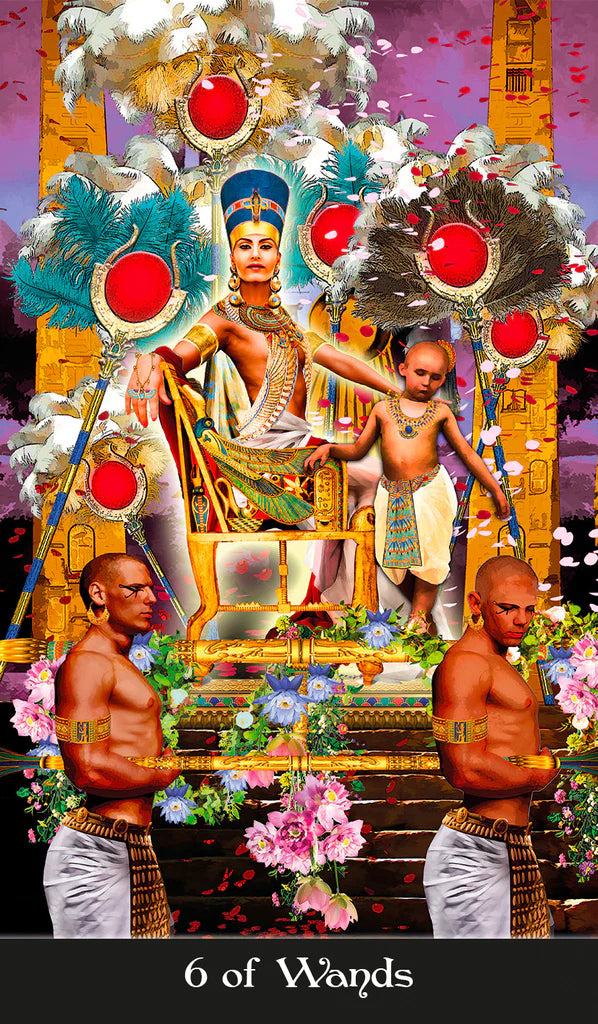 Decorative card with a figure on a throne, surrounded by flowers and text '6 of Wands'.