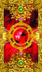 Decorative gold emblem with gemstones on a red background
