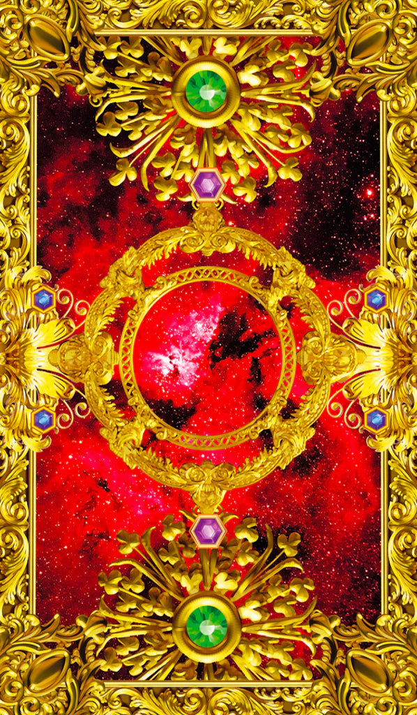 Decorative gold emblem with gemstones on a red background