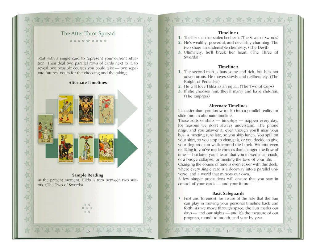 Open book with tarot card spread instructions and illustrations