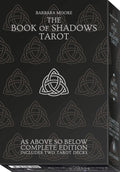 Black box with white design and text for 'The Book of Shadows Tarot' by Barbara Moore