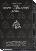 Black box with white design and text for 'The Book of Shadows Tarot' by Barbara Moore