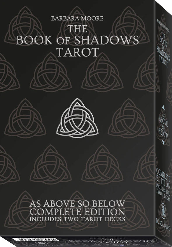 Black box with white design and text for 'The Book of Shadows Tarot' by Barbara Moore