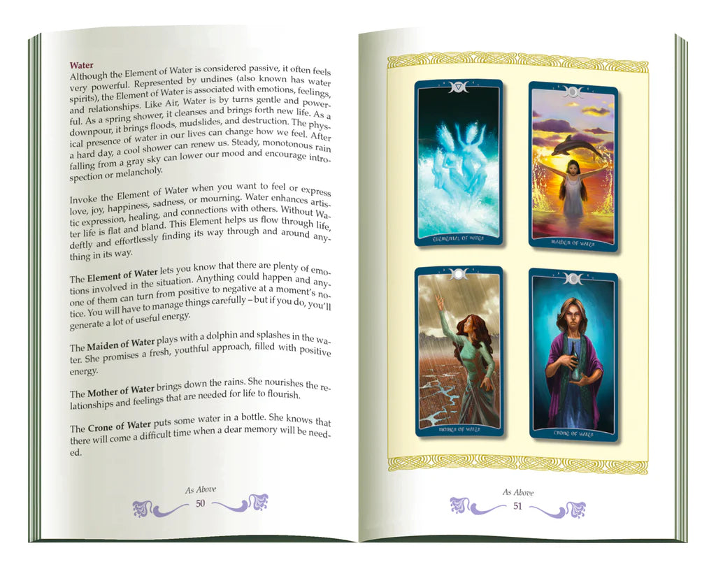 Open book with text and tarot card illustrations on a white background