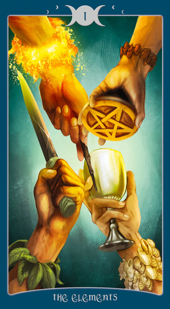 Tarot card titled 'The Elements' with hands holding a sword, pentacle, and cup against a blue background.