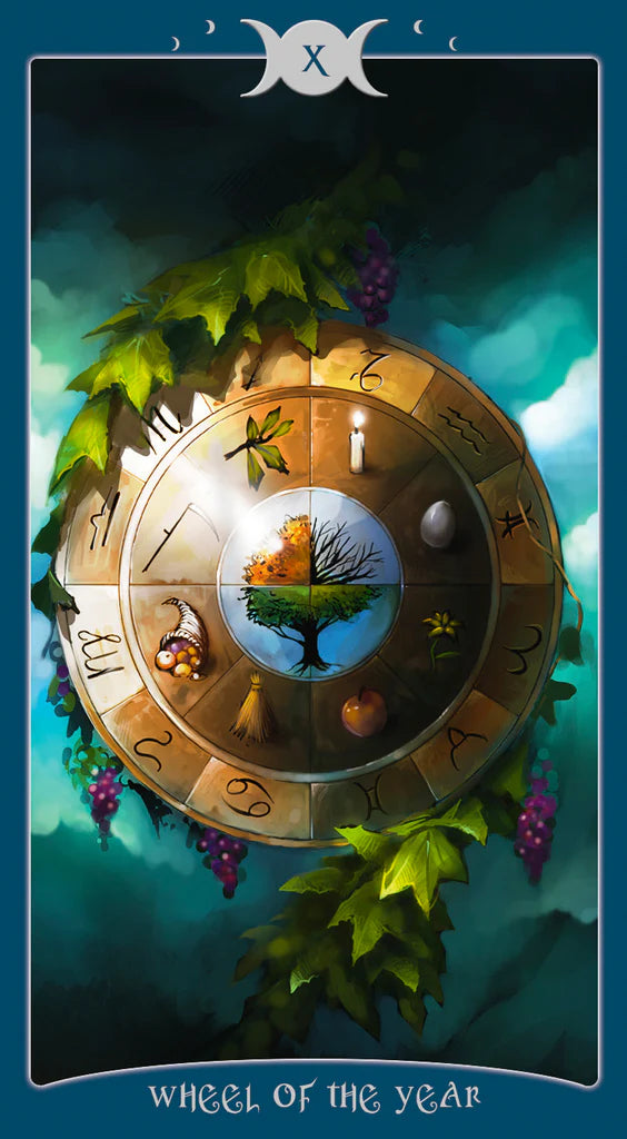 Wheel of the Year circular design with tree of life, leaves, and celestial elements on a dark blue background.