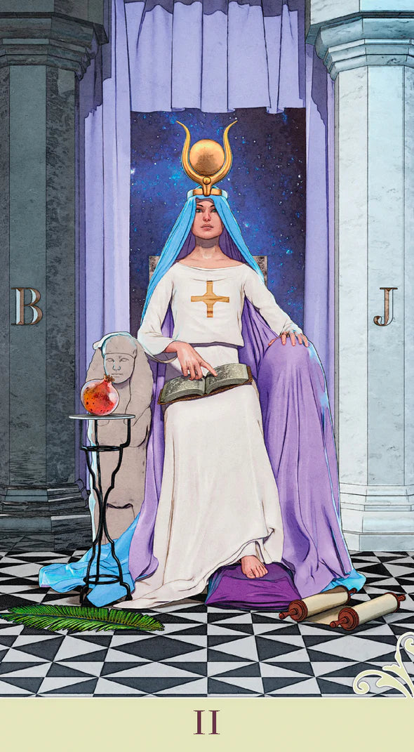 Front view: High Priestess Tarot card II with a figure in a white and purple robe, holding a book, in a classical setting.