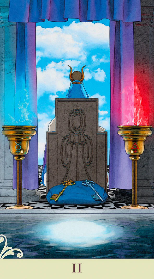 Back View - The High Priestess II Tarot card with a central figure, blue pillow, and torches on a mystical background