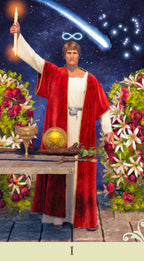 Front View: The Magician I Figure in red robe with a celestial background and flowers