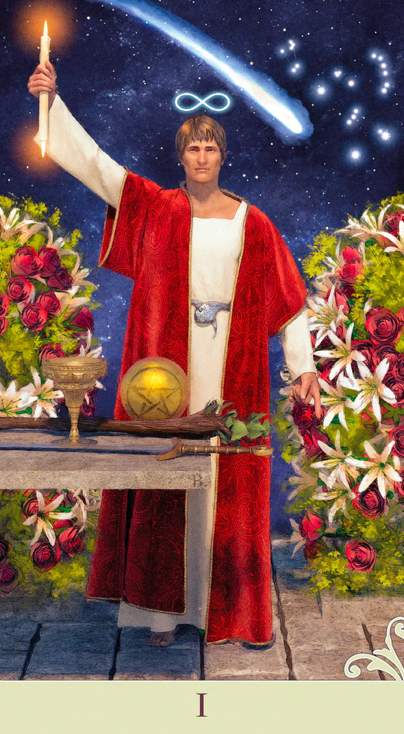 Front View: The Magician I Figure in red robe with a celestial background and flowers