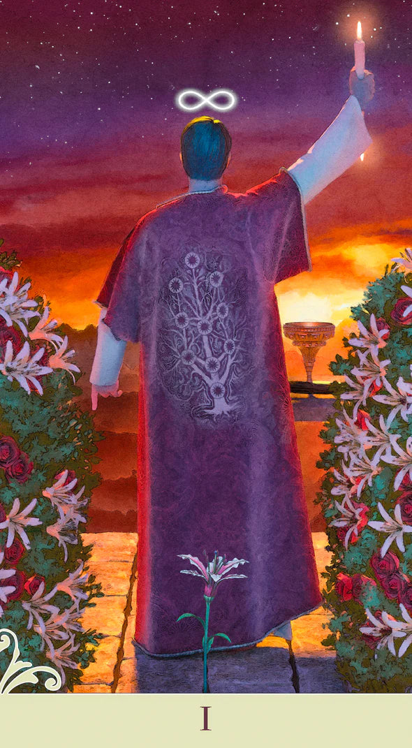 Back View: The Magician Card I - Person in a purple robe with a tree design, holding a candle, standing between two decorated trees against a sunset sky.