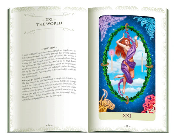 Open book with a tarot card illustration titled 'The World' on a white background