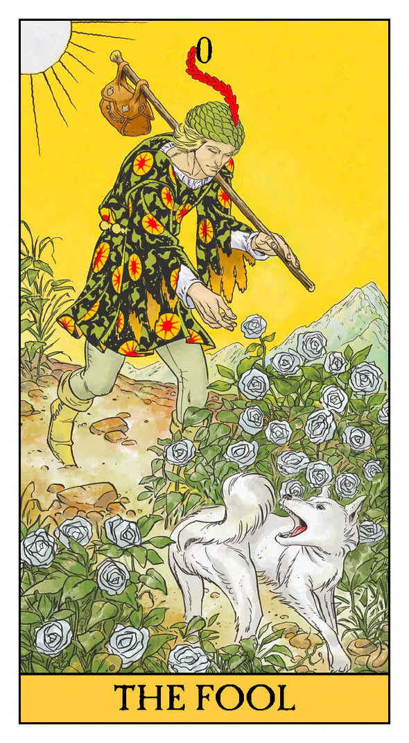 Tarot card titled 'The Fool' featuring a person with a dog among flowers and mountains.