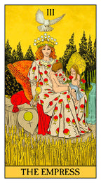 Tarot card featuring 'The Empress' with a woman in a floral dress and crown, surrounded by nature.