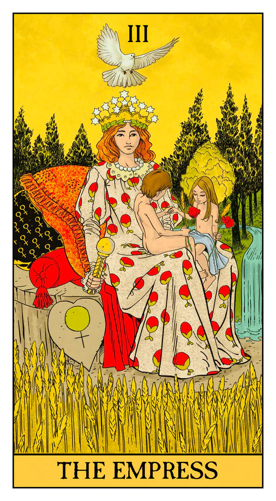 Tarot card featuring 'The Empress' with a woman in a floral dress and crown, surrounded by nature.