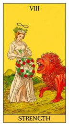 Tarot card titled 'Strength' with a woman holding flowers and a roaring lion on a yellow background.