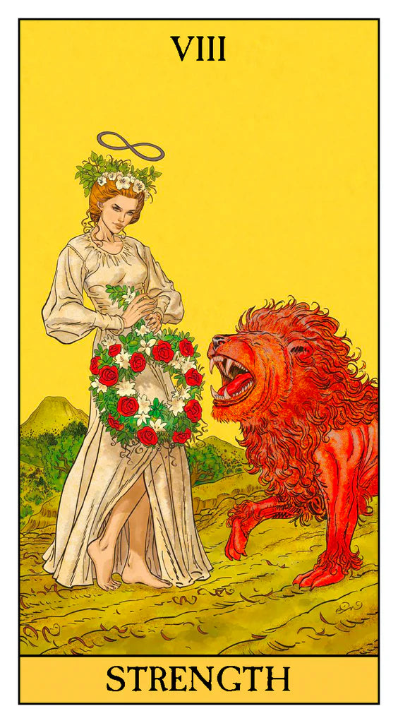 Tarot card titled 'Strength' with a woman holding flowers and a roaring lion on a yellow background.