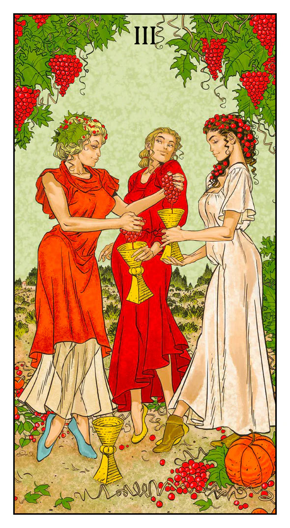 Tarot card with three women in red and white dresses, surrounded by fruits and vegetables.