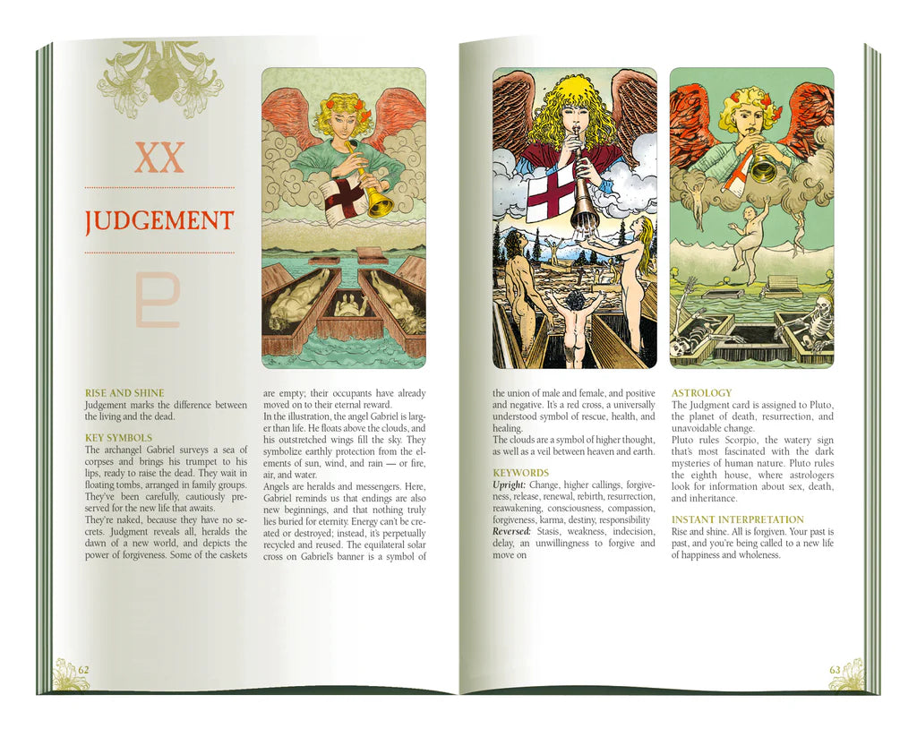 Open book displaying the 'Judgment' card from a tarot deck with colorful illustrations and text.