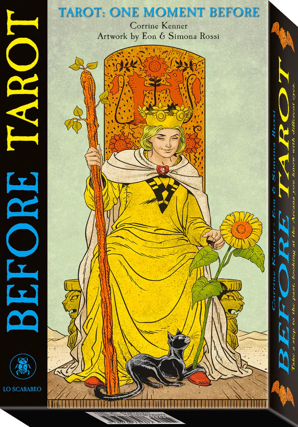 Tarot card packaging with a central figure holding a staff and flower, surrounded by decorative elements.