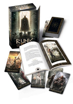 Rune of Fate card game packaging with cards and booklets on a white background