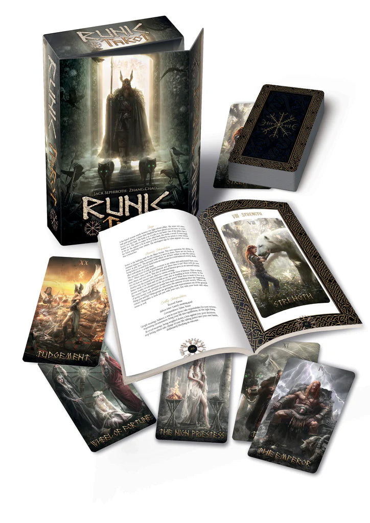 Rune of Fate card game packaging with cards and booklets on a white background