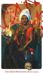 Card featuring 'The High Priestess: Marie Laveux' | II from a tarot deck with a person in a robe and headscarf, candles, and symbols.