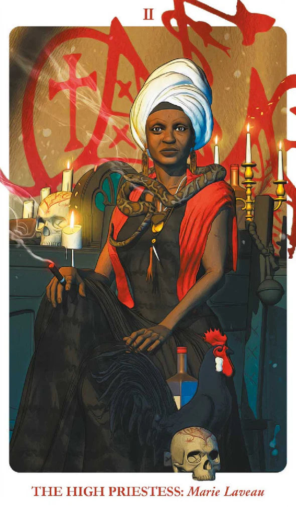 Card featuring 'The High Priestess: Marie Laveux' | II from a tarot deck with a person in a robe and headscarf, candles, and symbols.