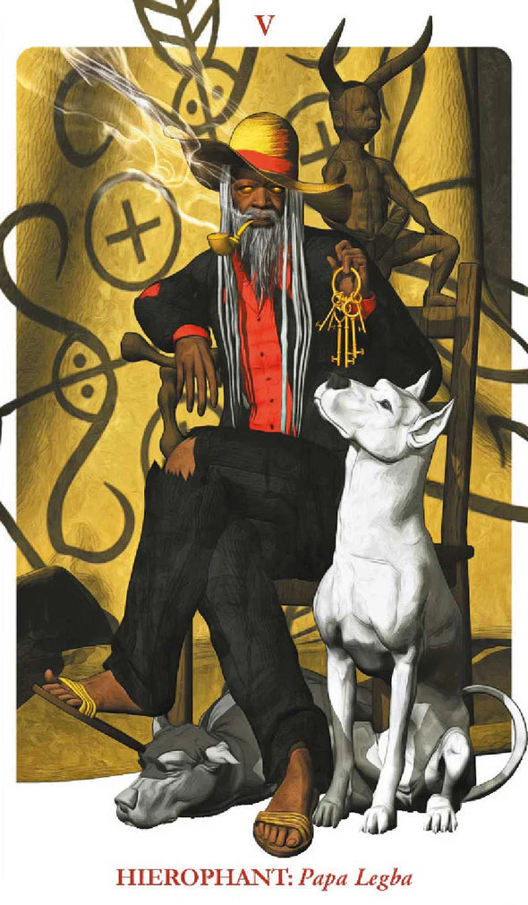 HIEROPHANT: Papa Legba | V Card featuring a figure named Papa Legba with symbols and animals on a yellow background