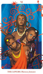 Card featuring three people (center person with heterochromia) with intricate designs on a blue background. VI | The Lovers: Marassa Jumeaux