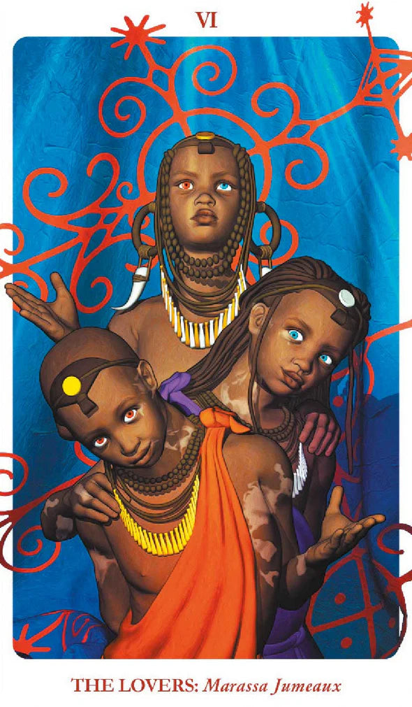 Card featuring three people (center person with heterochromia) with intricate designs on a blue background. VI | The Lovers: Marassa Jumeaux