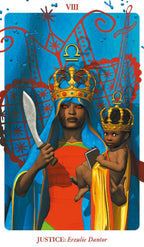 Tarot card featuring a figure holding a sword and a child, with intricate designs and colors. VIII | Justice