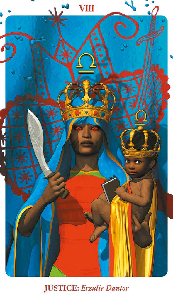 Tarot card featuring a figure holding a sword and a child, with intricate designs and colors. VIII | Justice
