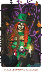 WHEEL OF FORTUNE: Maman Brigitte | X  Artistic rendering of Maman Brigitte with red hair and green top hat in a stylized setting with butterflies and a wheel.