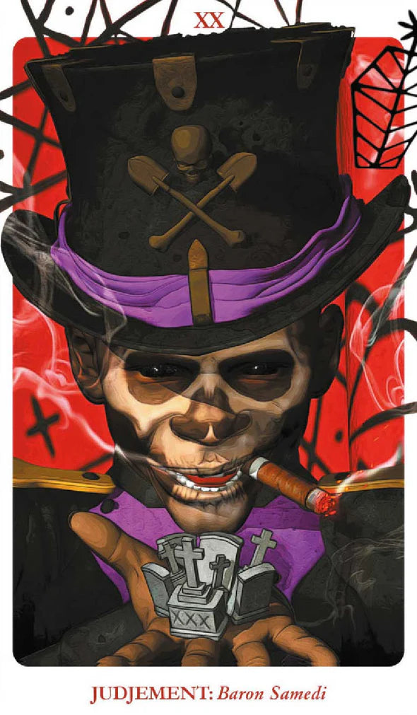 XX | Judgement: Baron Samedi. An artistic rendering of a skeleton wearing a top hat with skull and crossbones on a red background