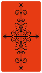 Decorative black cross design on an orange background. Voodoo Tarot