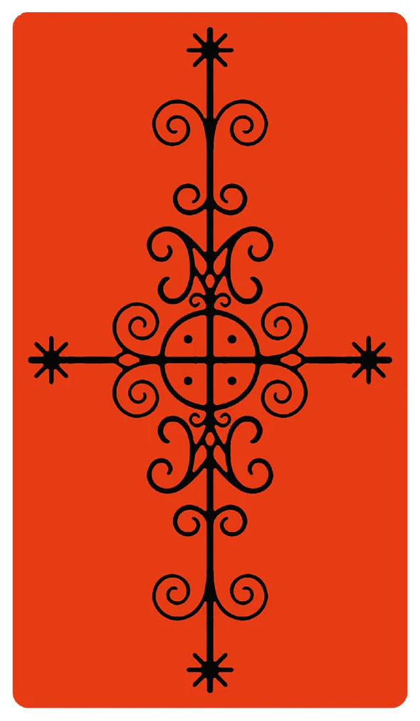Decorative black cross design on an orange background. Voodoo Tarot