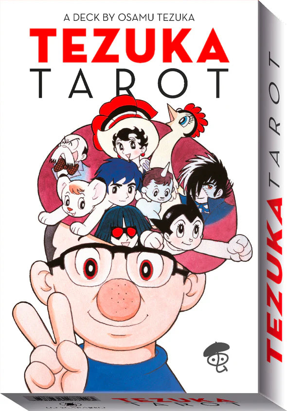 Tezuka Tarot card deck packaging with cartoon characters and Osamu Tezuka's signature.