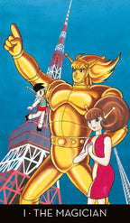 Animated character in gold armor with a blue sky and Tokyo Tower in the background
