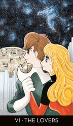 Cartoon illustration of a couple embracing under a starry sky with the text 'VI: The Lovers' at the bottom.