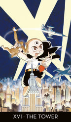 Cartoon character with a monkey on shoulders against a cityscape background