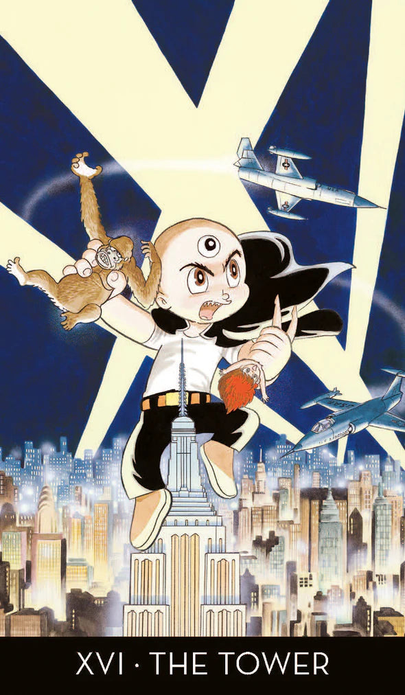 Cartoon character with a monkey on shoulders against a cityscape background