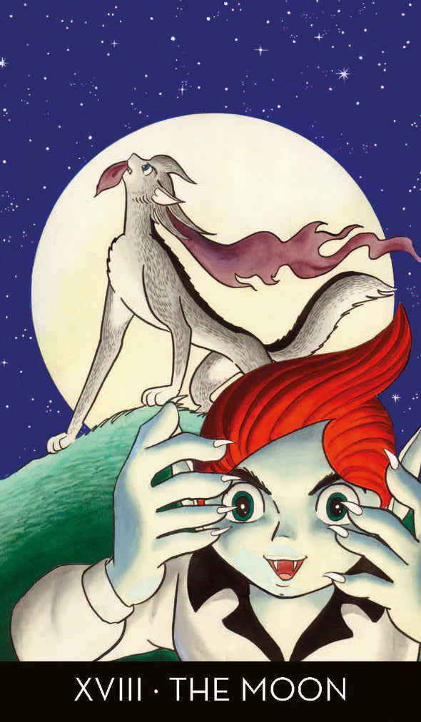 Artistic depiction of 'The Moon' tarot card with a stylized moon, dragon, and person with red hair.