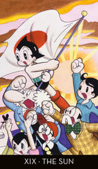 Animated characters in a dynamic pose with a colorful background, featuring the text 'XIX - The Sun'.